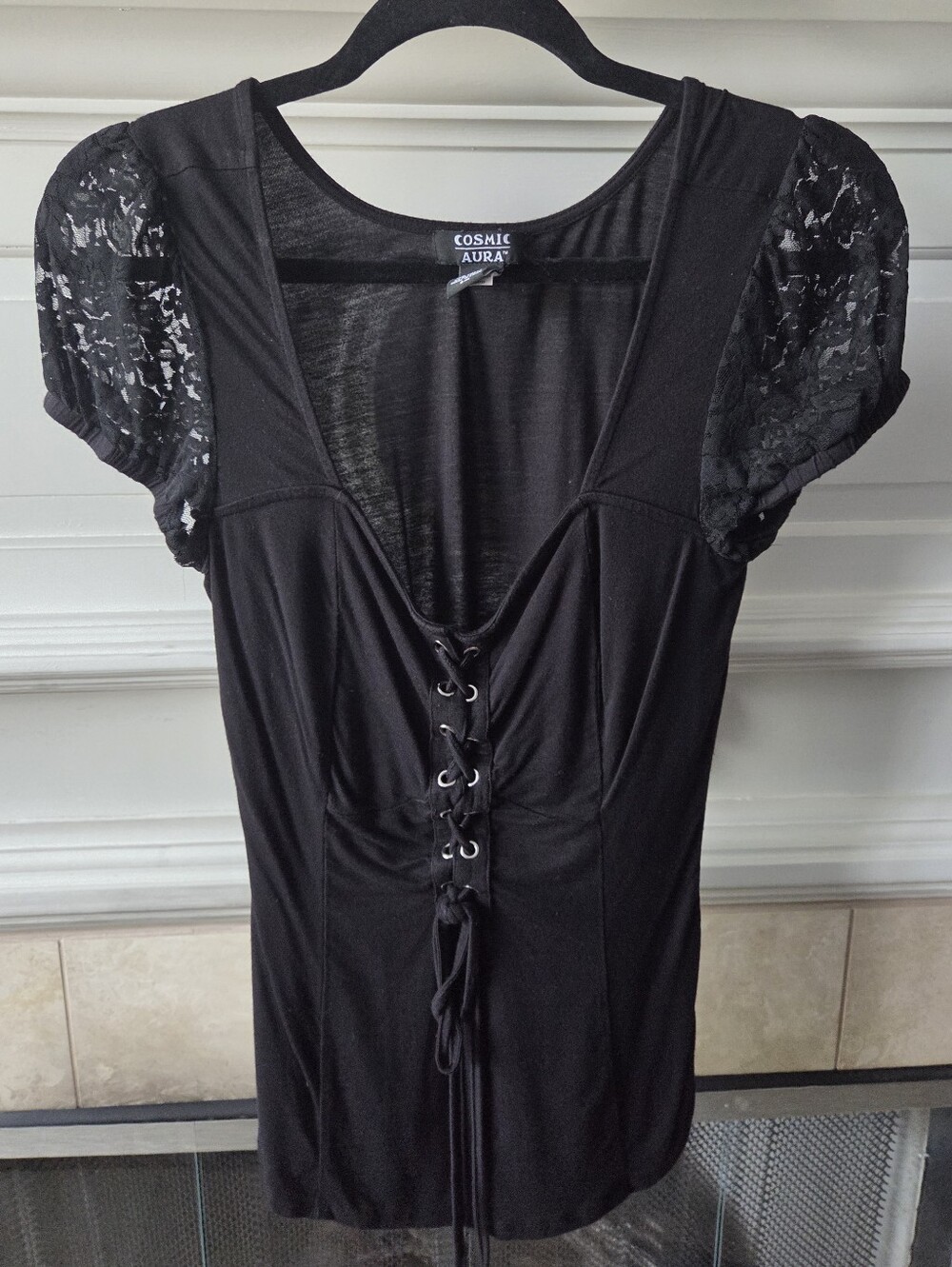 Cosmic Aura Black Lace Up Goth Top Floral Lace Puff Sleeves Size S/M